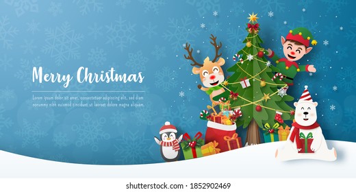 Merry Christmas and Happy New Year, Christmas party with reindeer and friends, Banner background