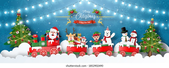Merry Christmas and Happy New Year, Christmas banner postcard of Christmas party with Santa Claus and friends with Christmas train