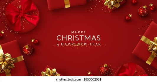 Merry Christmas and Happy New Year. Red Background Xmas design of realistic gifts box, 3d bauble balls, glitter gold confetti. Christmas poster, greeting cards. Flat lay, top view. Holiday composition