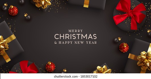 Merry Christmas and Happy New Year. Background Xmas design of realistic gifts box, 3d bauble balls, glitter gold confetti. Christmas poster, greeting cards. Flat lay, top view. Holiday composition