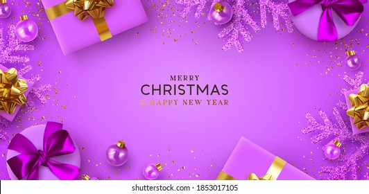 Merry Christmas and Happy New Year. Background Xmas design of realistic gifts box, 3d bauble balls, glitter gold confetti. Christmas poster, greeting cards. Flat lay, top view. Holiday composition