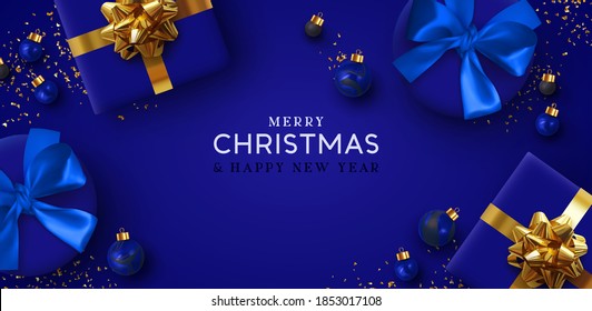 Merry Christmas and Happy New Year. Background Xmas design of realistic gifts box, 3d bauble balls, glitter gold confetti. Christmas poster, greeting cards. Flat lay, top view. Holiday composition