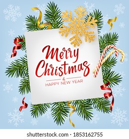 Merry Christmas and Happy New Year. Background with realistic pine branches, glitter gold snowflakes, candy canes, serpentine. Template for Christmas and New Year greeting card, invitation, postcard
