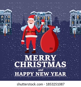 Merry Christmas and Happy New Year holiday Santa Claus carrying sack full of gifts, background night city. Vector illustration isolated