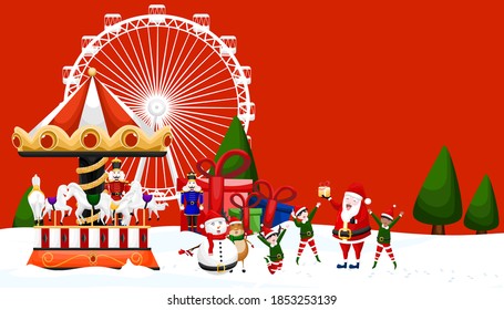 Merry Christmas and happy new year concept. Santa Claus, kid boy and girl with giant nutcracker. Vector illustration design.