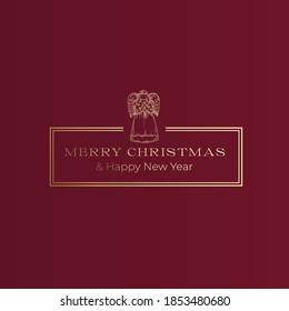 Merry Christmas and Happy New Year Abstract Vector Classy Frame Label, Sign or Card Template. Hand Drawn Praying Angel with a Star Sketch Illustration with Vintage Typography. Red Background.