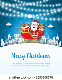 Merry Christmas and Happy New Year, Christmas postcard of Santa Claus with sleigh in the village, Paper art style