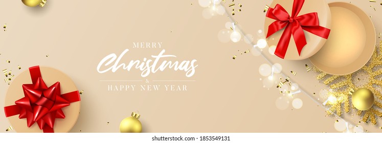 Merry Christmas and Happy New Year banner. Holiday background with round gift boxes, Christmas balls, light garlands, golden snowflake and confetti. Vector illustration.