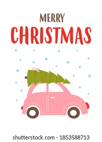 merry christmas and happy new year greeting card with cute retro car with christmas tree on the roof, postcard, poster, vector illustration, flat design