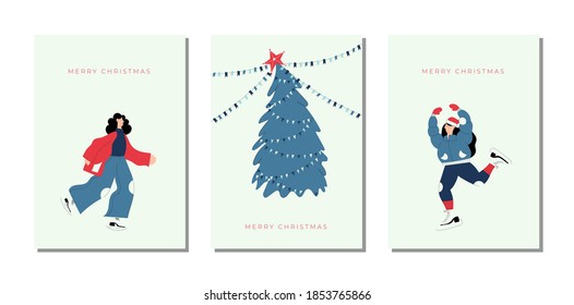 Merry Christmas and a Happy New year! Cute New Year and Christmas vector hand drawn Christmas cards with Christmas tree and women characters ice skating