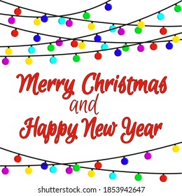 Merry christmas and Happy new year vector greeting card with Christmas glowing lights. Christmas greeting card design element. Vector illustration