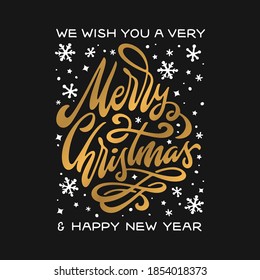 Merry Christmas and Happy New Year lettering template. Greeting card invitation with snowflakes. Winter holidays related typographic quote. Vector vintage illustration.