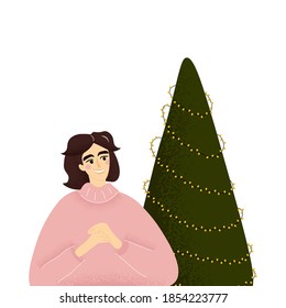 Merry Christmas and Happy New Year. Vector flat illustration in cartoon style with woman and tree. Decorating a Christmas tree at home. A young girl admires the lights of the garland on the tree.