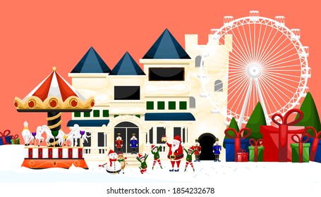 Merry Christmas and happy new year concept. Santa claus, kid boy and girl with giant nutcracker. Vector illustration design.