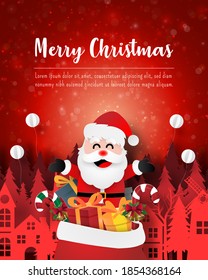 Merry Christmas and Happy New Year, Christmas postcard of Santa Claus with gift bag in town