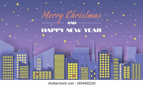 Merry Christmas and Happy new year illustration. Night city and snowfall, fashionable cutout design. Vector illustration.