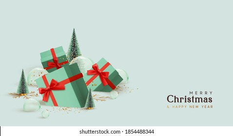 Merry Christmas and Happy New Year design. Realistic gifts boxes lie in snow, fluffy green Christmas tree. glass balls and snowballs. 3d decorative object. Xmas winter background. Holiday gift box