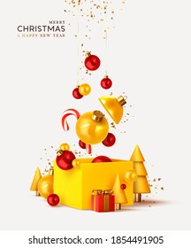 Merry Christmas and Happy New Year. Xmas design realistic abstract 3d objects. Gift box, bright bauble balls hanging from ribbon, conical pine tree, spruce, Soft yellow-red colors. vector illustration