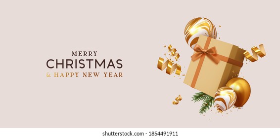 Merry Christmas and Happy New Year. Xmas design realistic beige gifts box, falling helium balloons, 3d golden confetti. Holiday gift background. vector illustration