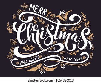 Merry Christmas and Happy New Year Vintage background with typography. Drawn by hands. Vector image.