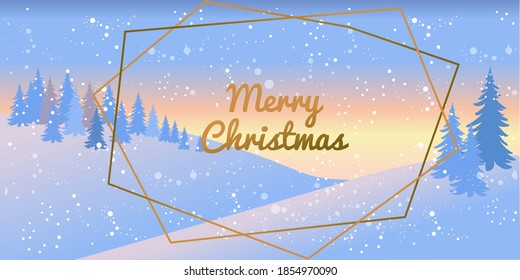 Merry Christmas and happy new year. Luxury horizontal vector background for banner or postcard. Mountain winter landscape with fir trees and snowfall. Gold frames hexagons and lettering
