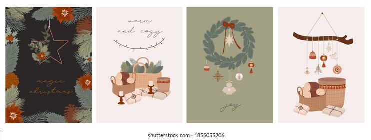 Merry Christmas Or Happy New Year Cute Greeting Cards Set With Holidays Boho Elements In Scandinavian Style. Cute Hygge Elements. Editable Vector Illustration