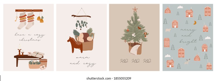 Merry Christmas Or Happy New Year Cute Greeting Cards Set With Holidays Boho Elements In Scandinavian Style. Cute Hygge Elements. Editable Vector Illustration