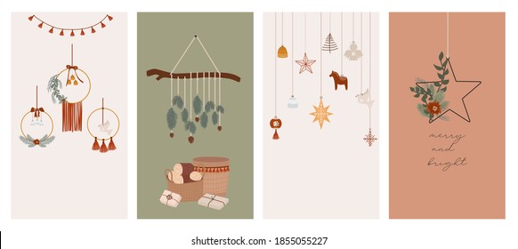 Merry Christmas Or Happy New Year Vertical Background For Social Media Or Mobile App Template. Holidays Boho Elements In Scandinavian Style.  Editable Vector Illustration