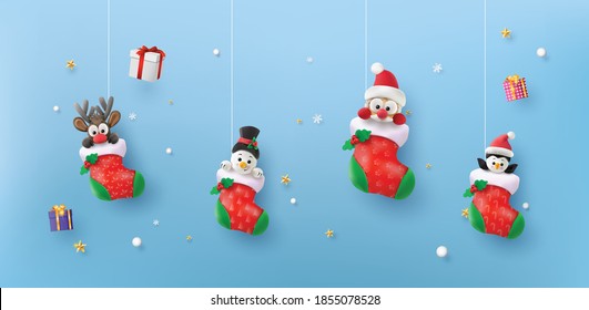 Merry Christmas and Happy and happy new year. Santa Claus, Snowman, Reindeer and penguin in the red sock, digital clay art style