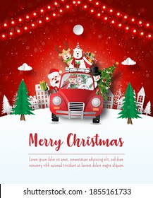 Merry Christmas and Happy New Year, Christmas postcard of Santa Claus and friend in a red car in the village, Paper art style