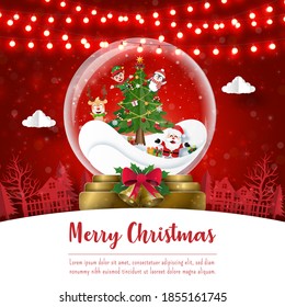 Merry Christmas and Happy New Year, Christmas postcard of Santa Claus and friends in Christmas ball, Paper art style