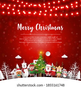 Merry Christmas and Happy New Year, Christmas postcard of Christmas tree with Santa Claus and friends, Paper art style