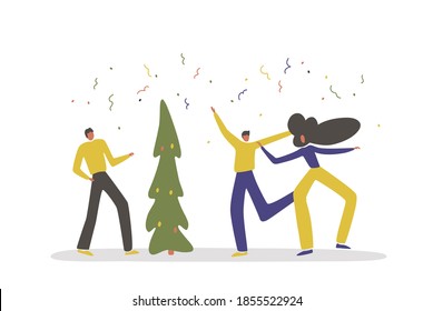 Merry Christmas, happy New Year party concept design. Group of Friends, young boys and girls. Corporate team event funny concept. Man and woman characters dance together. People and Christmas tree. Xmas flat vector illustration.