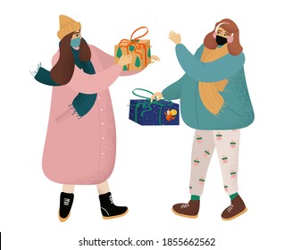 Merry Christmas and Happy New Year. Exchange of Christmas gifts. Vector flat illustration in cartoon style with girls in medical masks who exchanges gifts. Сhristmas during the coronavirus pandemic.