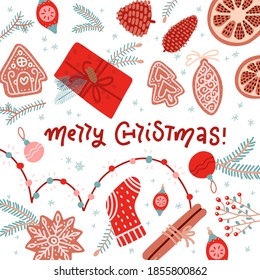 Merry Christmas and Happy New Year winter greeting card with xmas decoration elements objects on white background framed by fir branches. Top flat lay view vector illustration with lettering text
