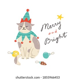 Merry Christmas and Happy New Year! Cat dressed as a cute elf with a festive message in modern flat style. Vector illustration for a poster, card or banner design. Elements are isolated.
