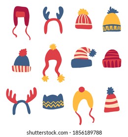 Merry Christmas and Happy New Year items set. Hand drawn colorful winter hats set. Vector isolated elements on white background.