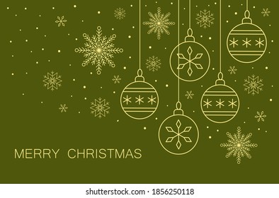Merry Christmas and Happy New Year. Christmas background with shiny golden snowflakes and Christmas balls.