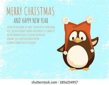 Merry Christmas and Happy New Year greeting card cheerful penguin in funny hat with furry balls and waving hand. Animal in big red cap with pompons, vector