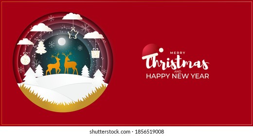 Merry Christmas and Happy New Year banner, X-mas, pine tree , christmas moon, glitters, sparkling background poster, greeting card, holiday, beautiful deer Papercut effect with golden touch