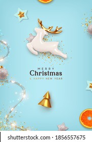 Merry Christmas and Happy New Year. Xmas Background design realistic porcelain figurines of beautiful white deer, festive decorative objects. Christmas poster, holiday banner, flyer, stylish brochure.