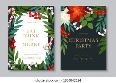 Merry Christmas and Happy New Year party invitation. Vector posters with poinsettia, holly berries, fir and pine branches, cones, rowan, lollipops. Holiday cards.