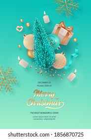 Merry Christmas and Happy New Year holiday flyer template. Greeting card with Christmas tree and decorations