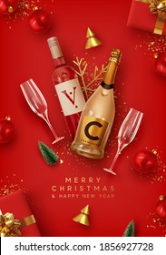 Merry Christmas and Happy New Year. Red Xmas Background design realistic alcohol bottle of champagne and wine, festive decorative objects gift box, balls, Christmas tree and pine tree, golden confetti