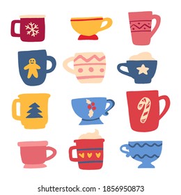 Merry Christmas and Happy New Year items set. Hand drawn colorful winter hot beverages in christmas mugs and cups set. Vector isolated elements on white background.