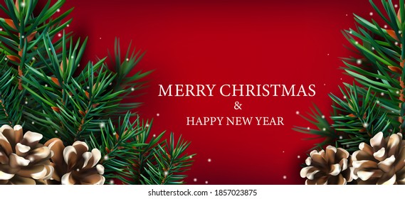 Merry Christmas and Happy New Year. Realistic Christmas border with of pine branches, pine cone, snowflakes and sparkles. Christmas illustration for your poster, banner, cards. Vector illustration.