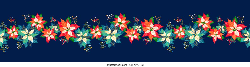 Merry Christmas and Happy New Year seamless long border pattern background with cute poinsettia flower, leaf and elderberry fruits garland design