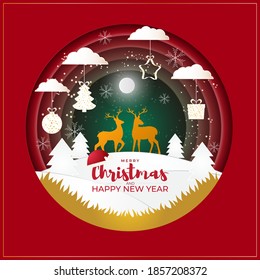 Merry Christmas and Happy New Year banner, X-mas, pine tree , christmas moon, glitters, sparkling background poster, greeting card, holiday, beautiful deer Papercut effect with golden touch