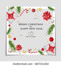 Merry Christmas and Happy New Year Photo Frame Template. Vector Illustration EPS10
