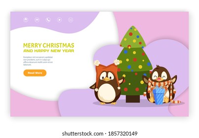 Merry Christmas and happy New Year website vector. Fir-tree decorated by festive toys, penguin in Santa hat and seabird in scarf enjoying gift box